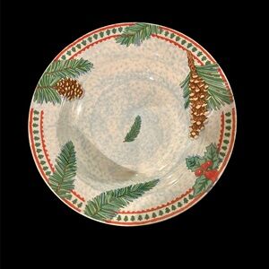 Holiday Lodge Christmas Bowl 9" x 2". Pinecones and Holly